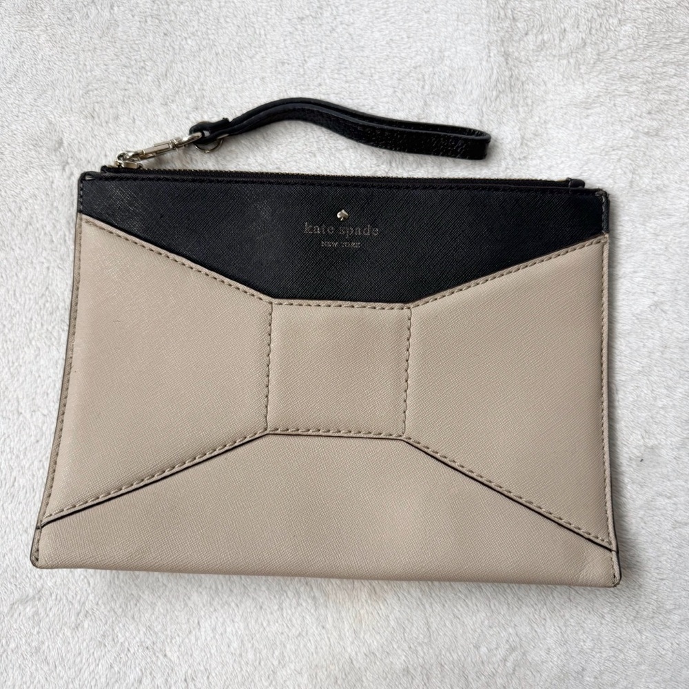 Kate Spade park avenue bow clutch wristlet bag medium beige black